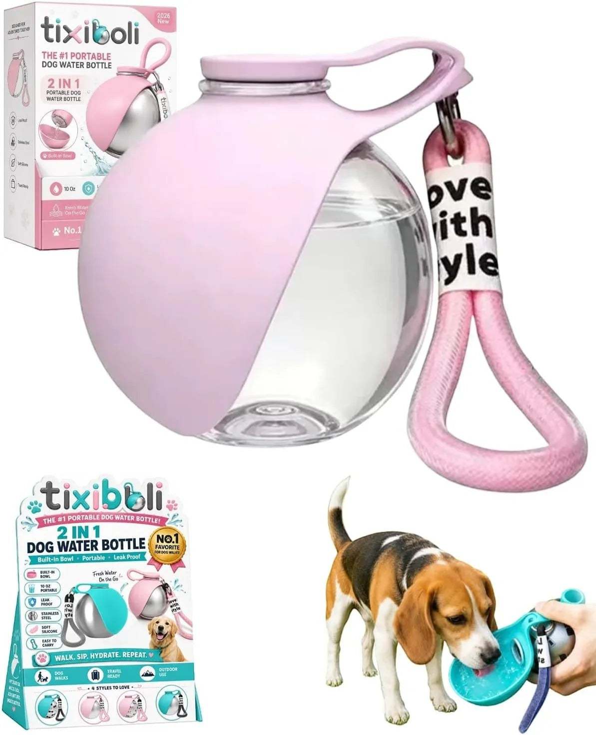 Essential Selects tixiboli 2-in-1 portable pink dog water bottle with a collapsible silicone bowl for outdoor travel