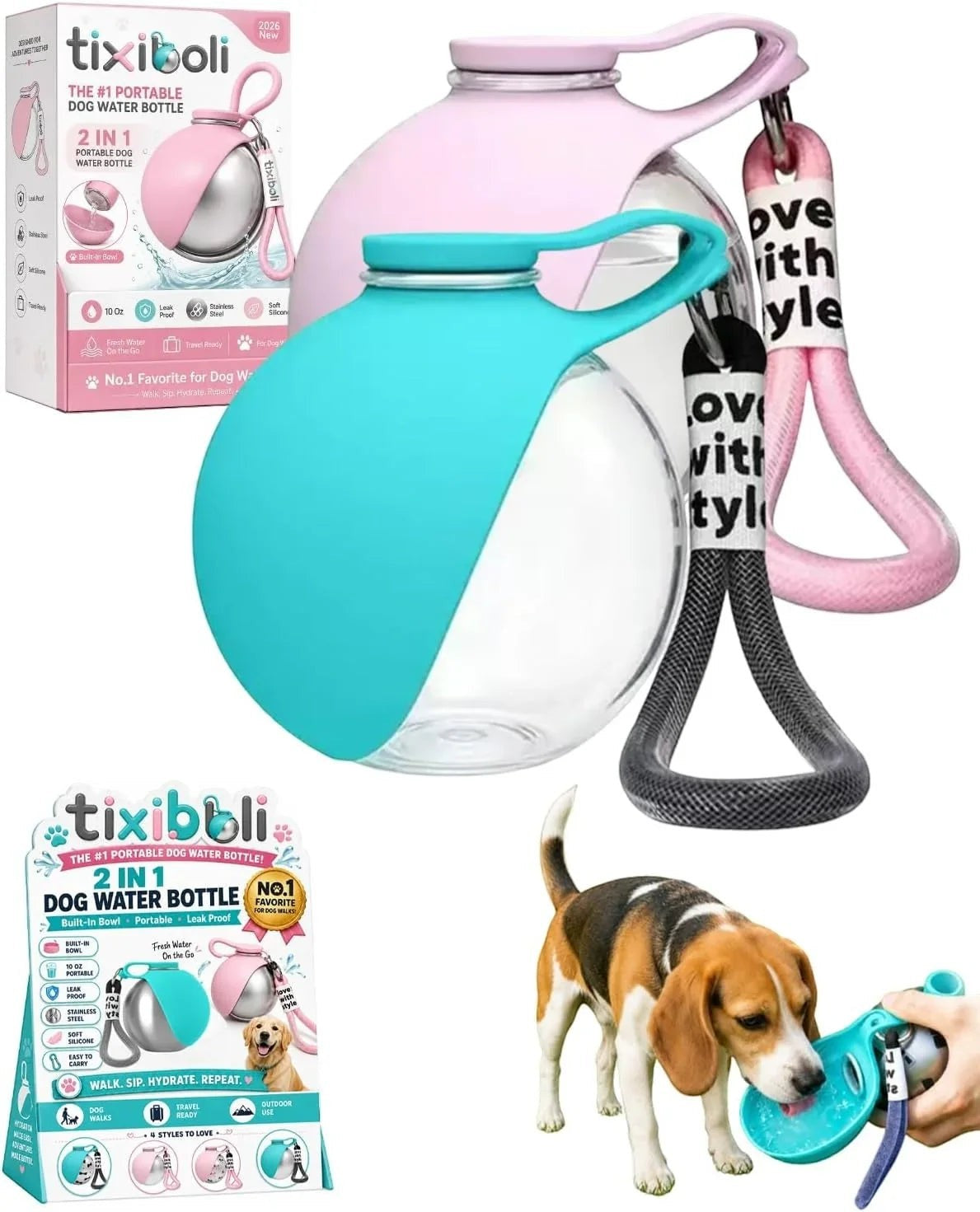 Essential Selects tixiboli 2-in-1 portable stainless steel dog water bottle with collapsible silicone bowl in blue