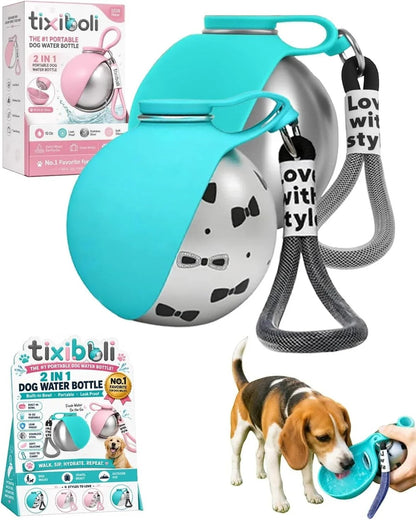 Essential Selects tixiboli 10 oz stainless steel dog water bottle with a blue collapsible silicone bowl and carry rope