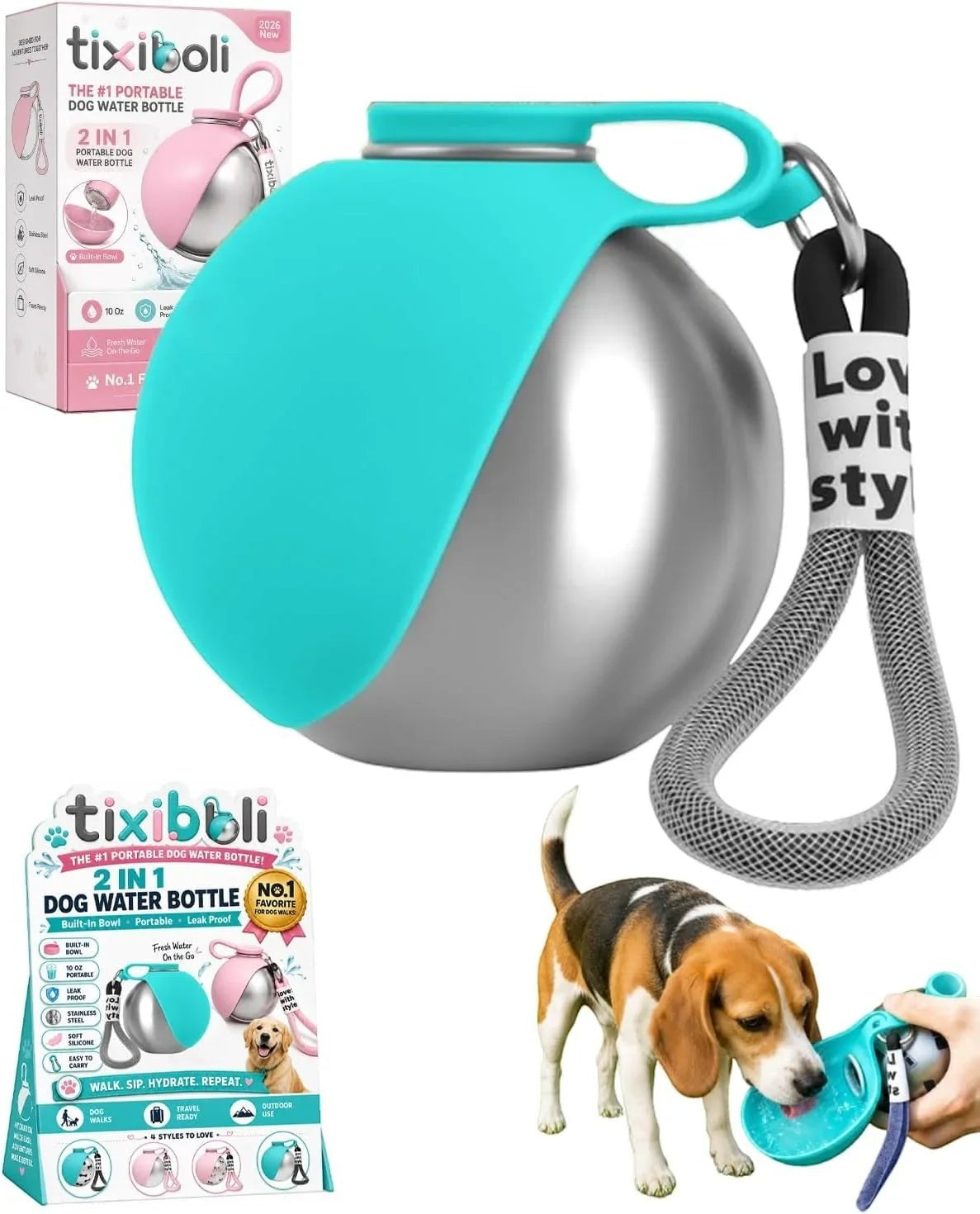 Essential Selects tixiboli 10 oz stainless steel dog water bottle with a collapsible blue silicone drinking bowl.