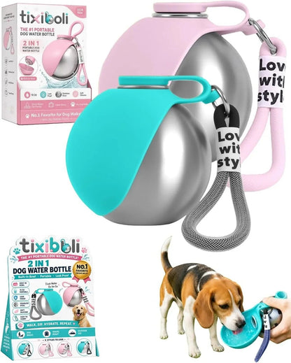 Essential Selects tixiboli stainless steel dog water bottle with collapsible silicone bowl for portable pet hydration