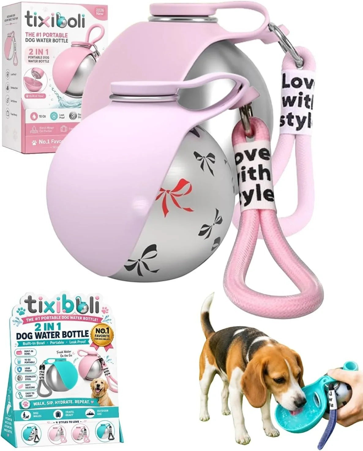 Essential Selects tixiboli 2-in-1 stainless steel dog water bottle with pink collapsible silicone bowl and carry strap