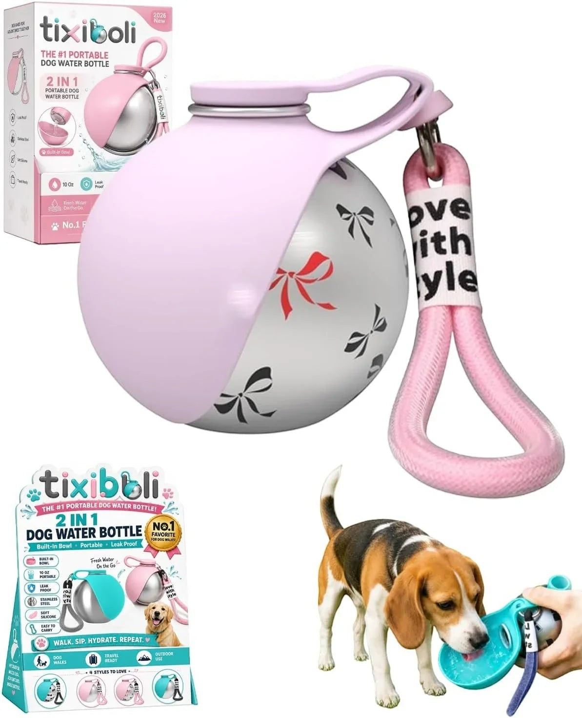 Essential Selects tixiboli 10 oz stainless steel dog water bottle with a pink collapsible silicone bowl and carry rope