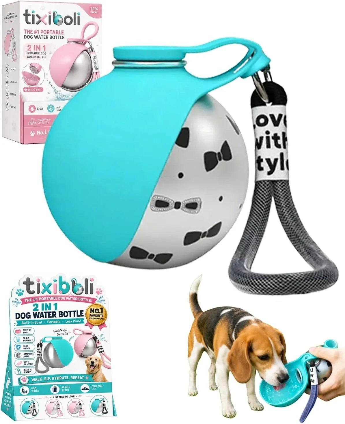 Essential Selects tixiboli 10 oz stainless steel dog water bottle with blue silicone bowl and bow pattern design