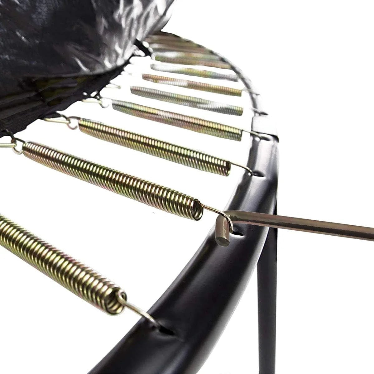 Essential Selects heavy-duty steel T-hook trampoline spring puller tool installing a metal spring on a black frame