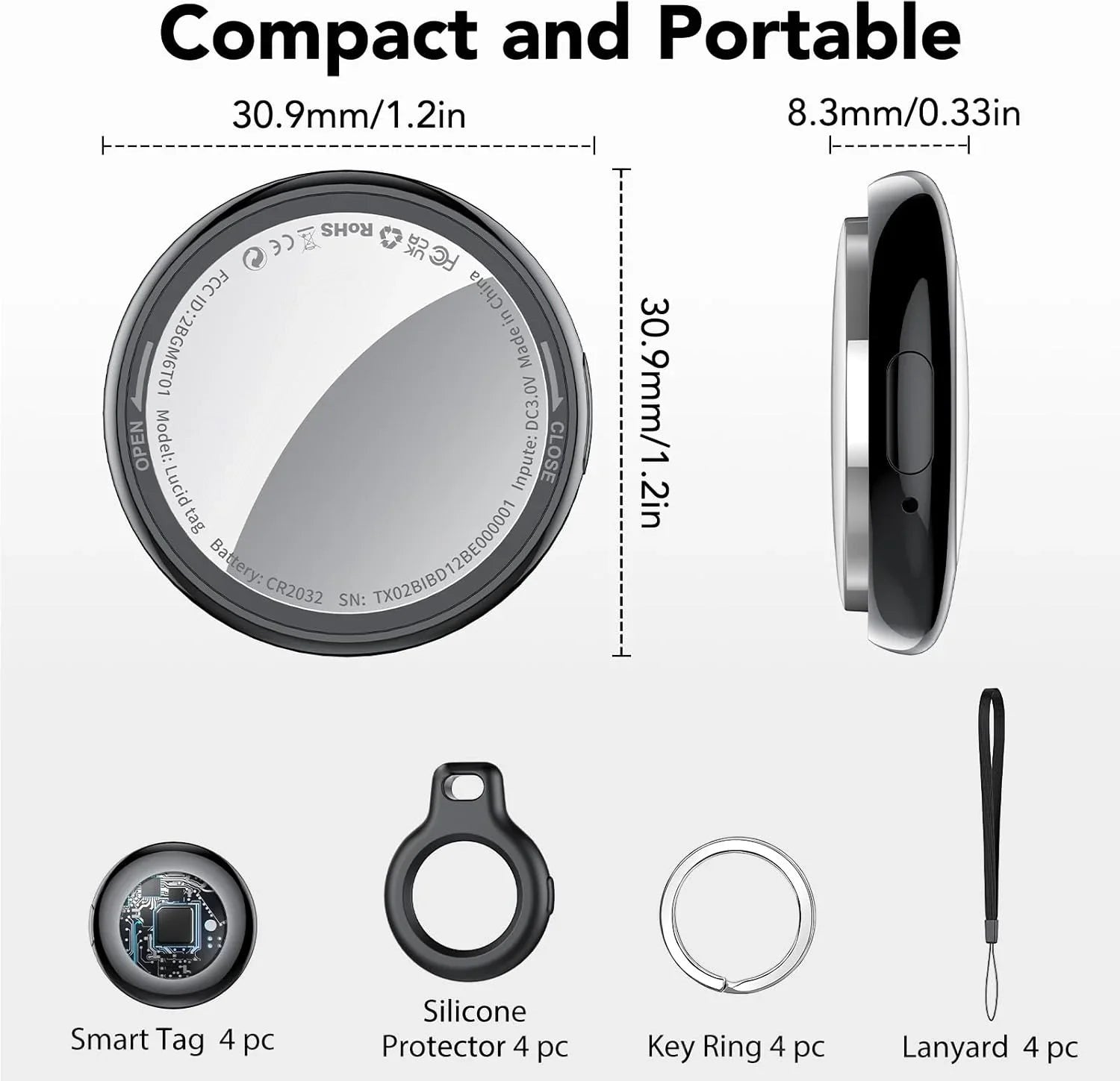 Essential Selects 4-pack Tukio Bluetooth item trackers with silicone cases, key rings, and lanyards showing dimensions.