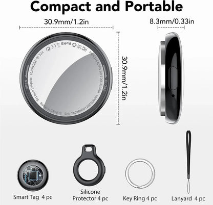 Essential Selects 4-pack Tukio Bluetooth item trackers with silicone cases, key rings, and lanyards showing dimensions.