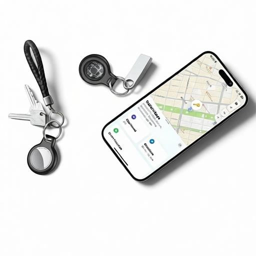 Essential Selects Tukio Bluetooth item trackers with keychains and a smartphone displaying the Apple Find My app map.