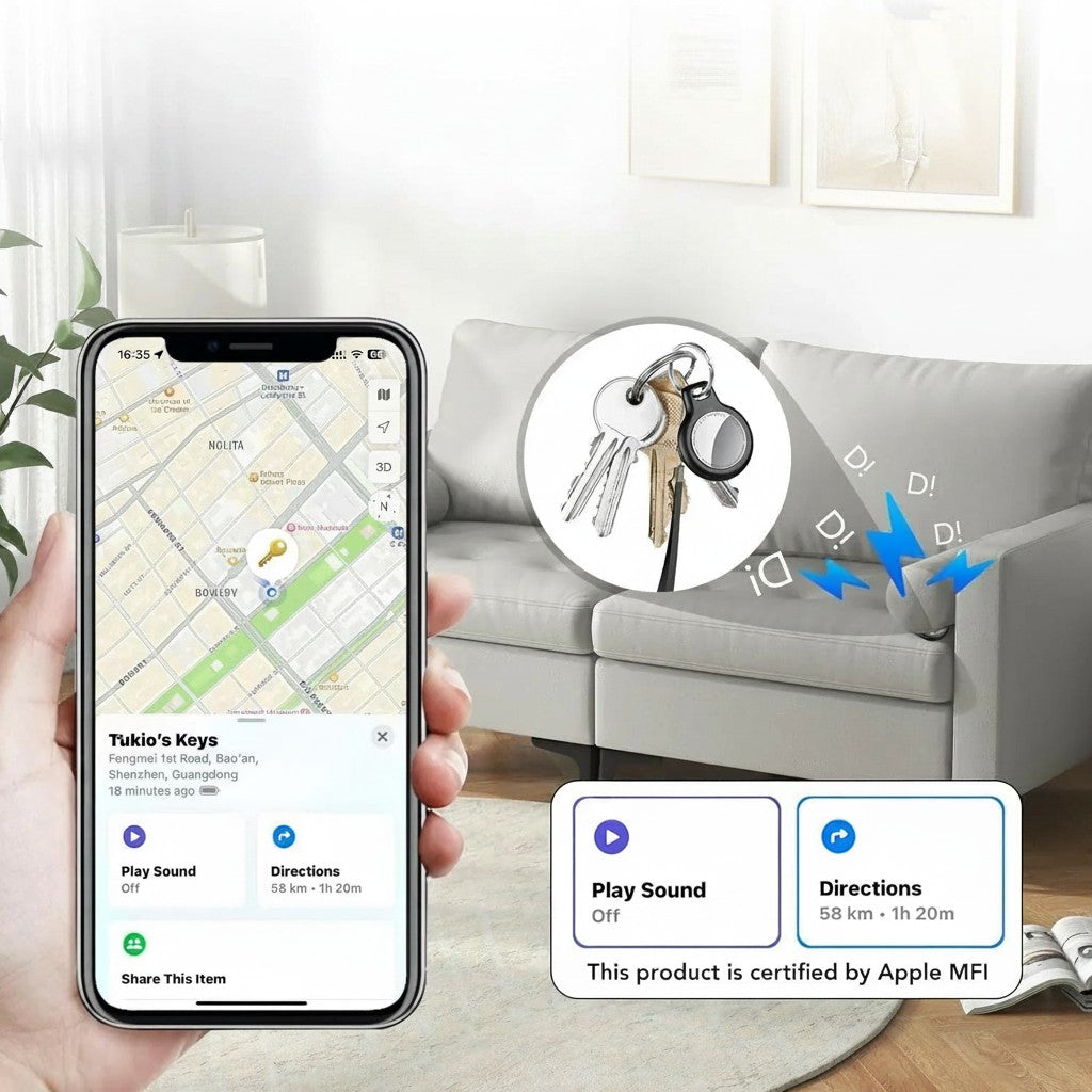 Essential Selects Tukio Bluetooth item tracker showing location on an iPhone app with audible alert for lost keys