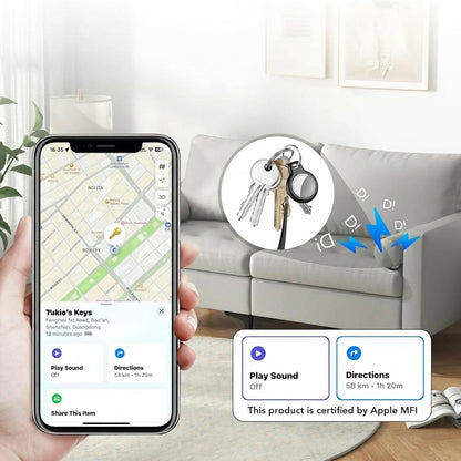 Essential Selects Tukio Bluetooth item tracker showing location on an iPhone app with audible alert for lost keys