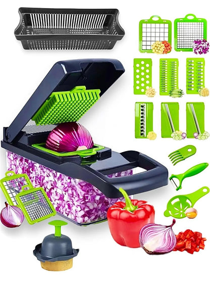 Essential Selects 16-in-1 vegetable chopper with green and black plastic parts, stainless steel blades, and container.
