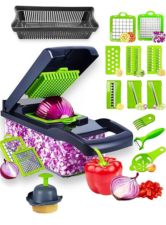 Essential Selects 16-in-1 vegetable chopper with green and black plastic parts, stainless steel blades, and container.
