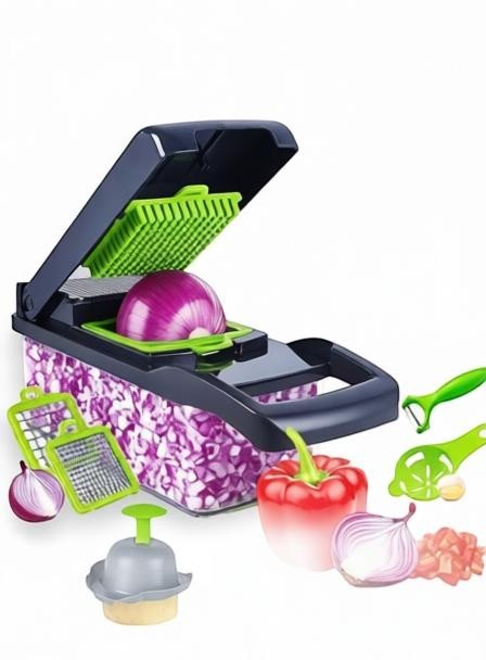 Essential Selects 16-in-1 green and black vegetable chopper with stainless steel blades and integrated food container.