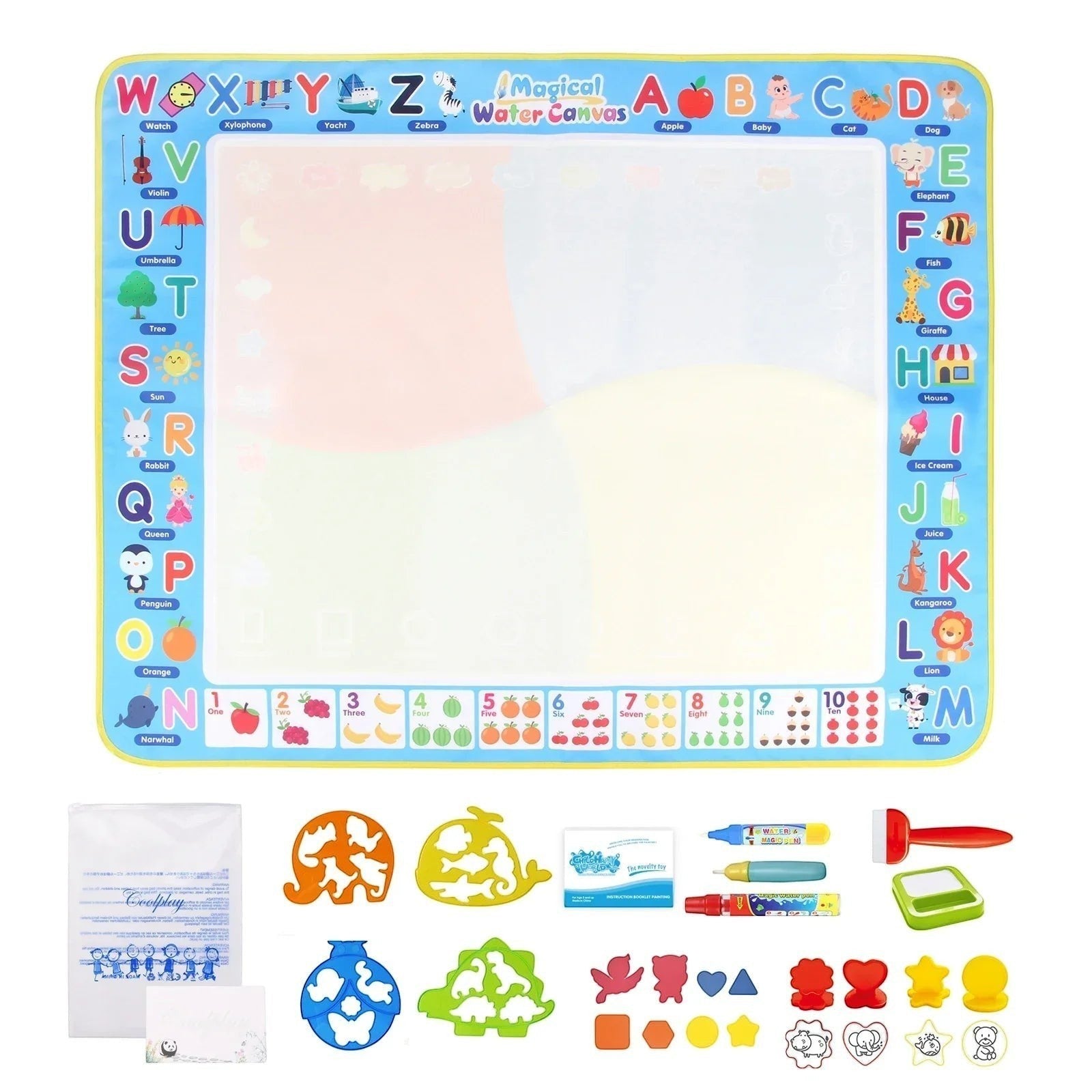 Essential Selects magic water drawing mat with alphabet borders, water pens, and colorful animal shape stencils.
