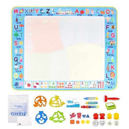 Essential Selects magic water drawing mat with alphabet borders, water pens, and colorful animal shape stencils.