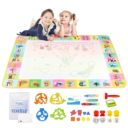 Essential Selects magic water drawing mat with kids, reusable pens, and colorful animal stencils for mess-free art.