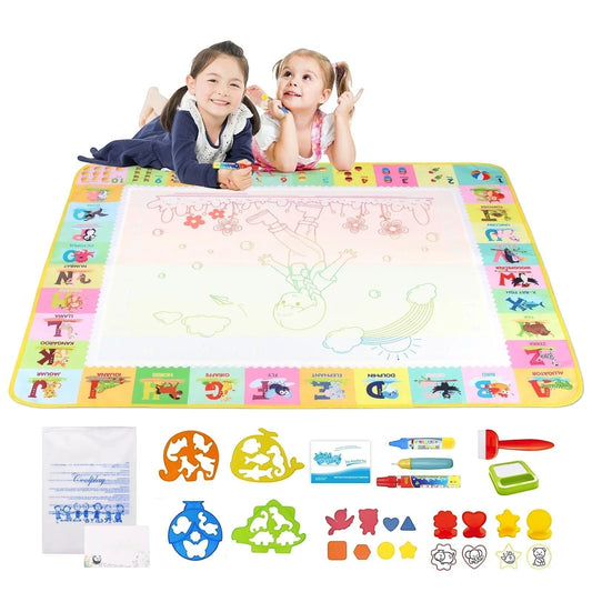 Essential Selects magic water drawing mat with kids, reusable pens, and colorful animal stencils for mess-free art.