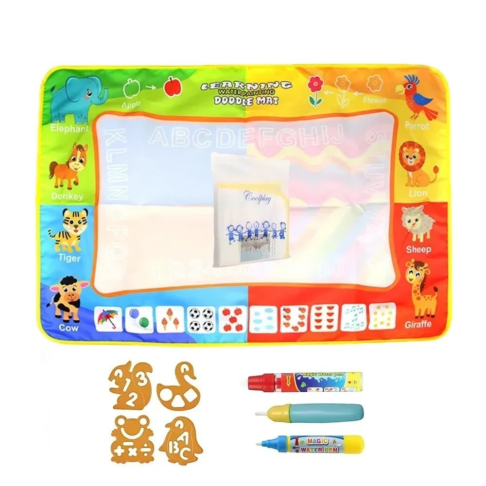 Essential Selects mess-free water drawing mat with colorful animal borders, reusable water pens, and stencil shapes.