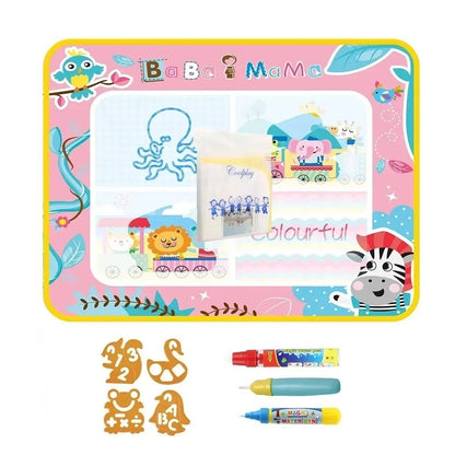 Essential Selects mess-free water drawing mat for kids with reusable water pens and animal-themed stencils