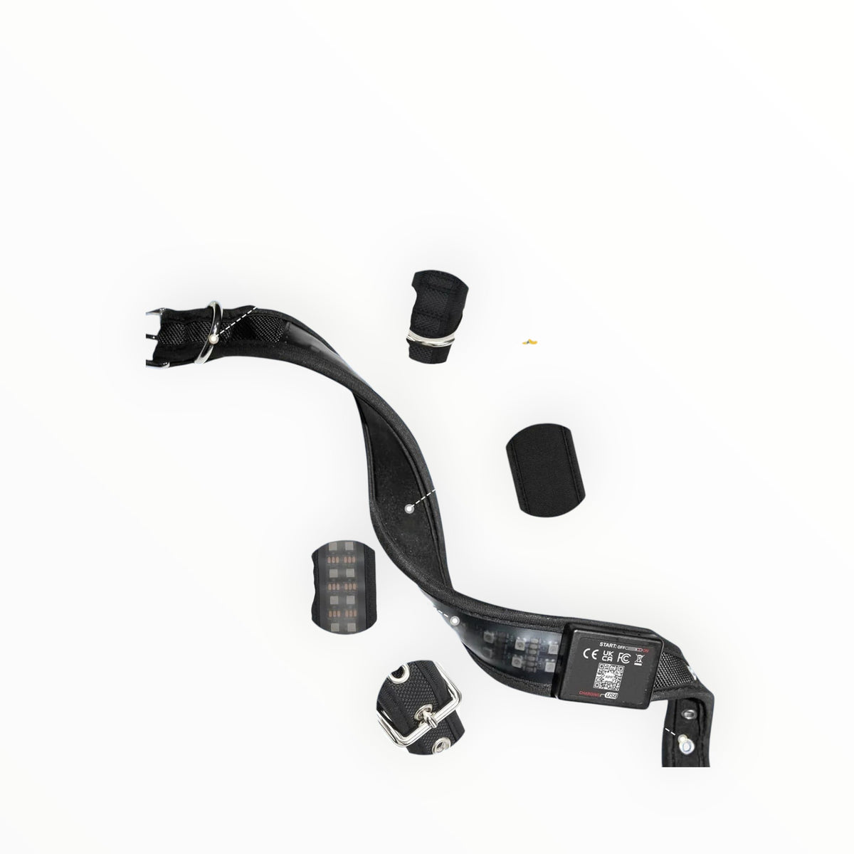 Essential Selects black waterproof LED dog collar with metal D-ring, diving fabric lining, and adjustable buckle.