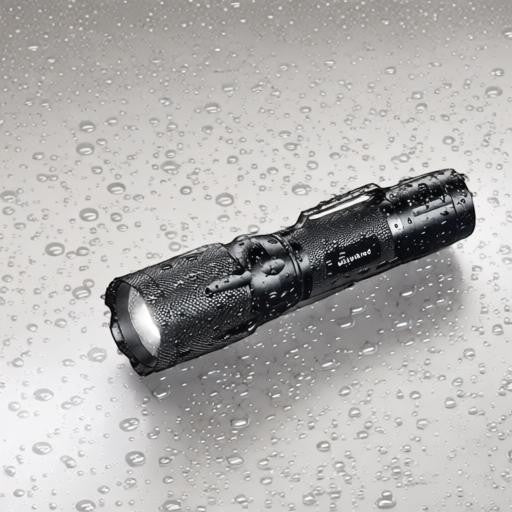 Essential Selects METII waterproof aluminum tactical flashlight with adjustable focus and belt clip in the rain.
