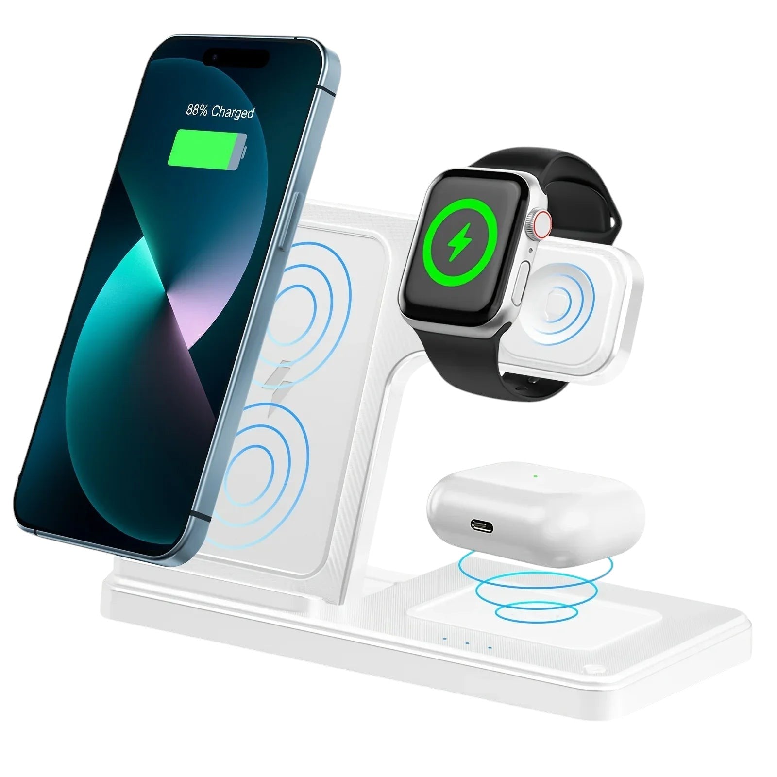 Essential Selects white 3-in-1 magnetic wireless charging stand for iPhone, Apple Watch, and AirPods on a desk