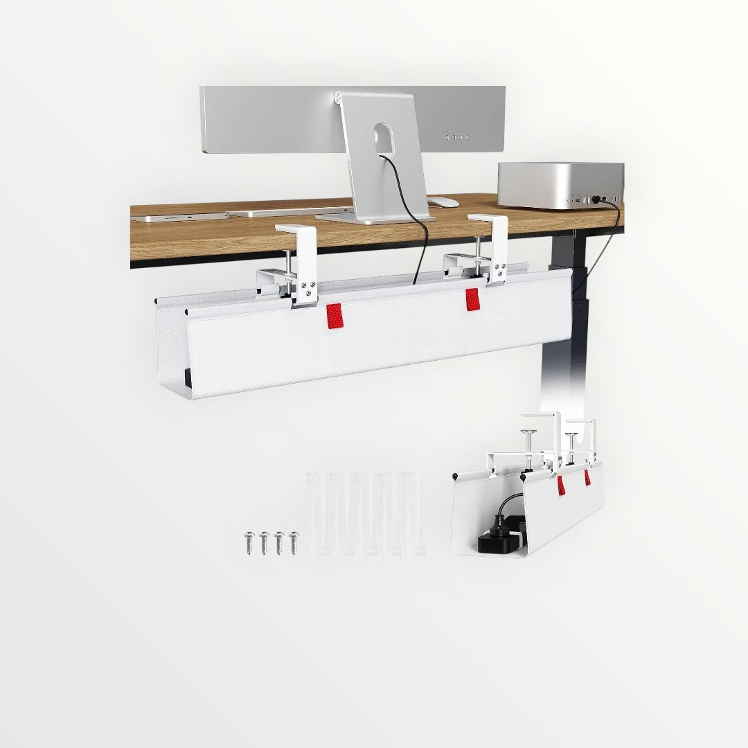 Essential Selects KEEGH white fabric under desk cable management tray with clamp-on installation for tidy wires.