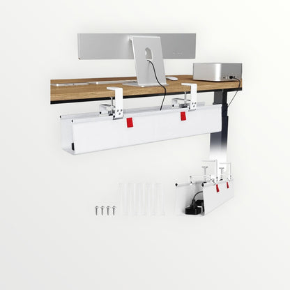 Essential Selects KEEGH white fabric under desk cable management tray with clamp-on installation for tidy wires.