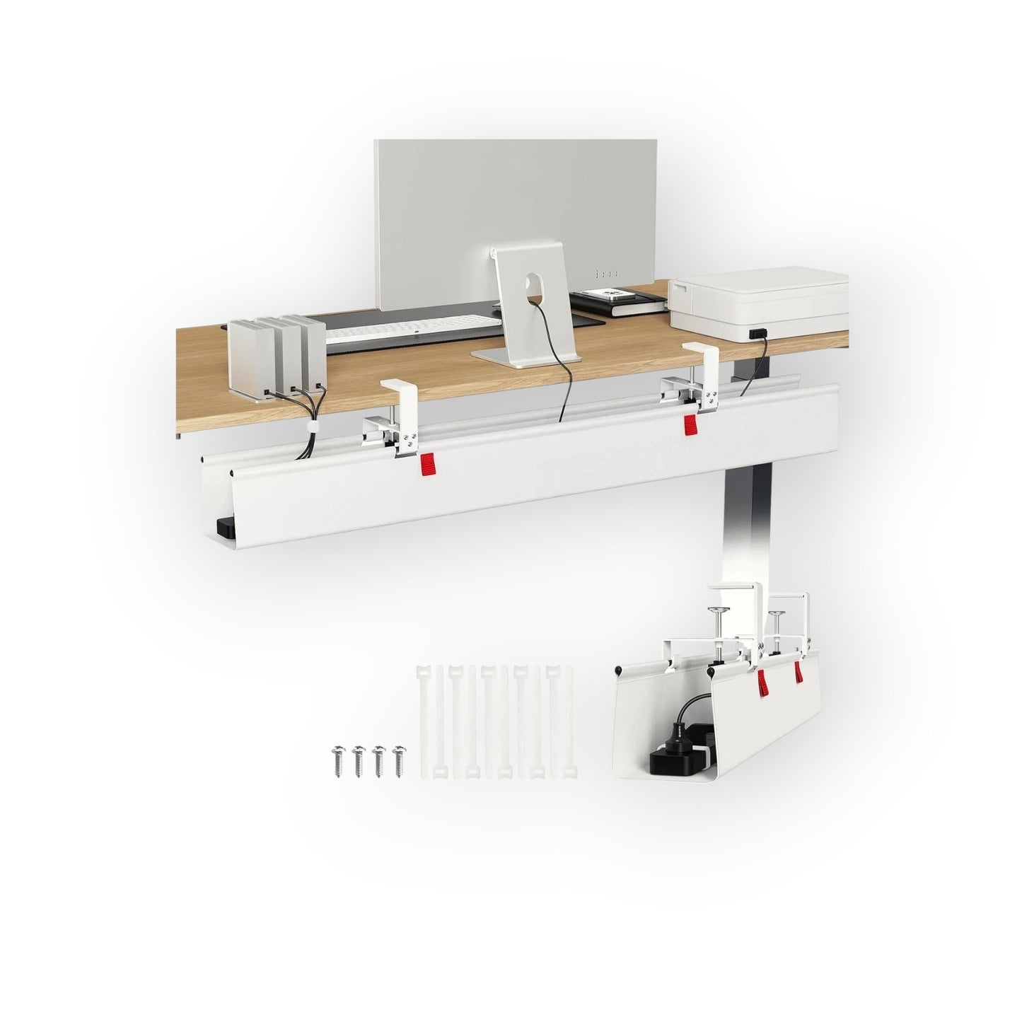 Essential Selects white under desk cable management tray with clamp-on installation for organized office workstations
