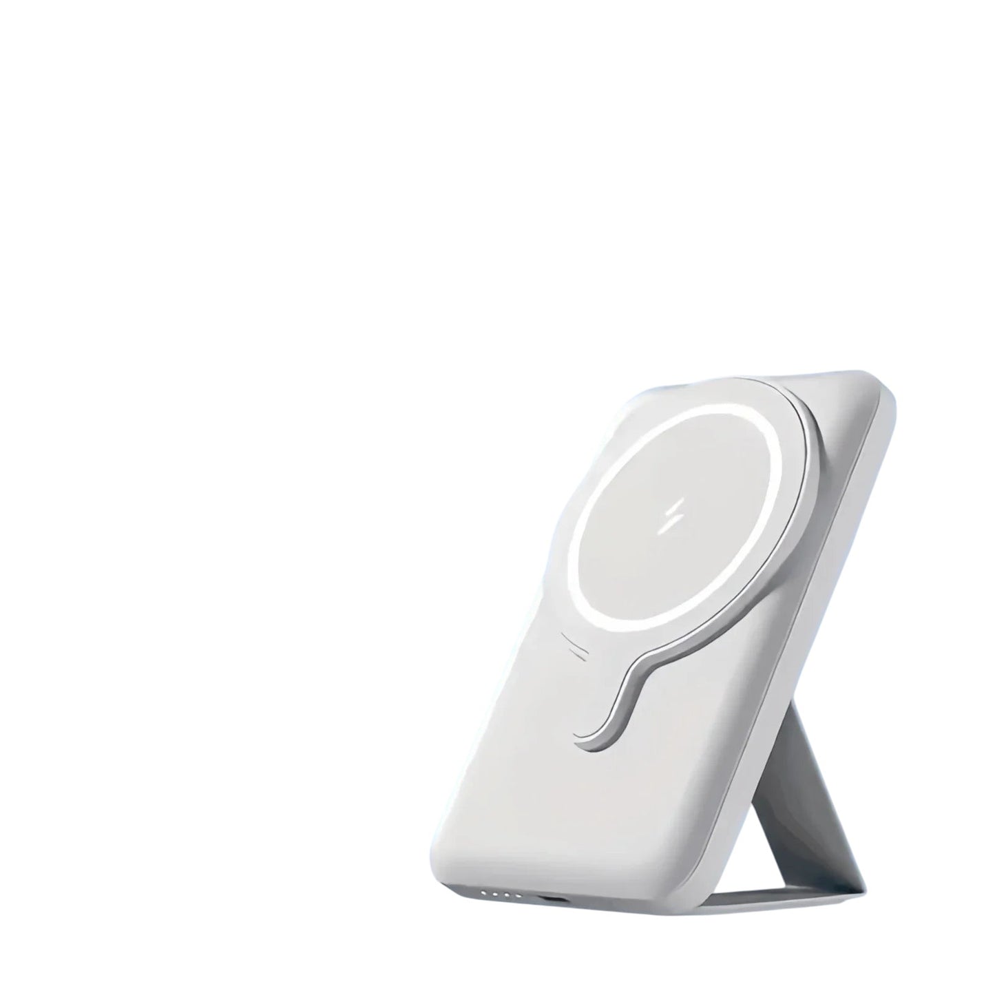 Essential Selects white magnetic wireless power bank with a foldable stand for iPhone, shown at an angle.