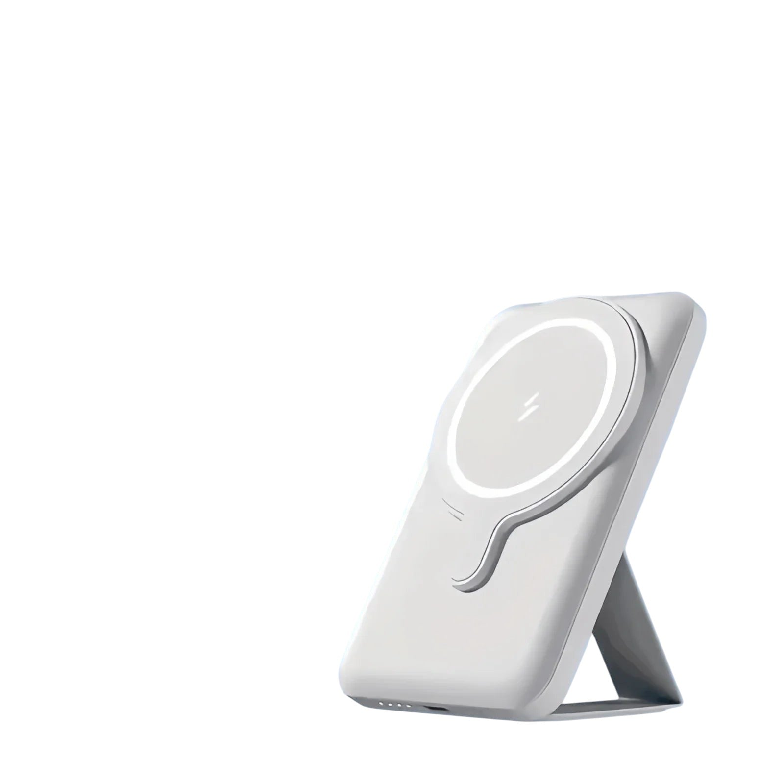 Essential Selects white magnetic wireless power bank with a foldable stand for iPhone, shown at an angle.