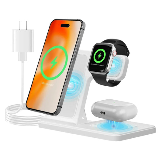 Essential Selects white 3-in-1 magnetic wireless charger stand for iPhone, Apple Watch, and AirPods Pro