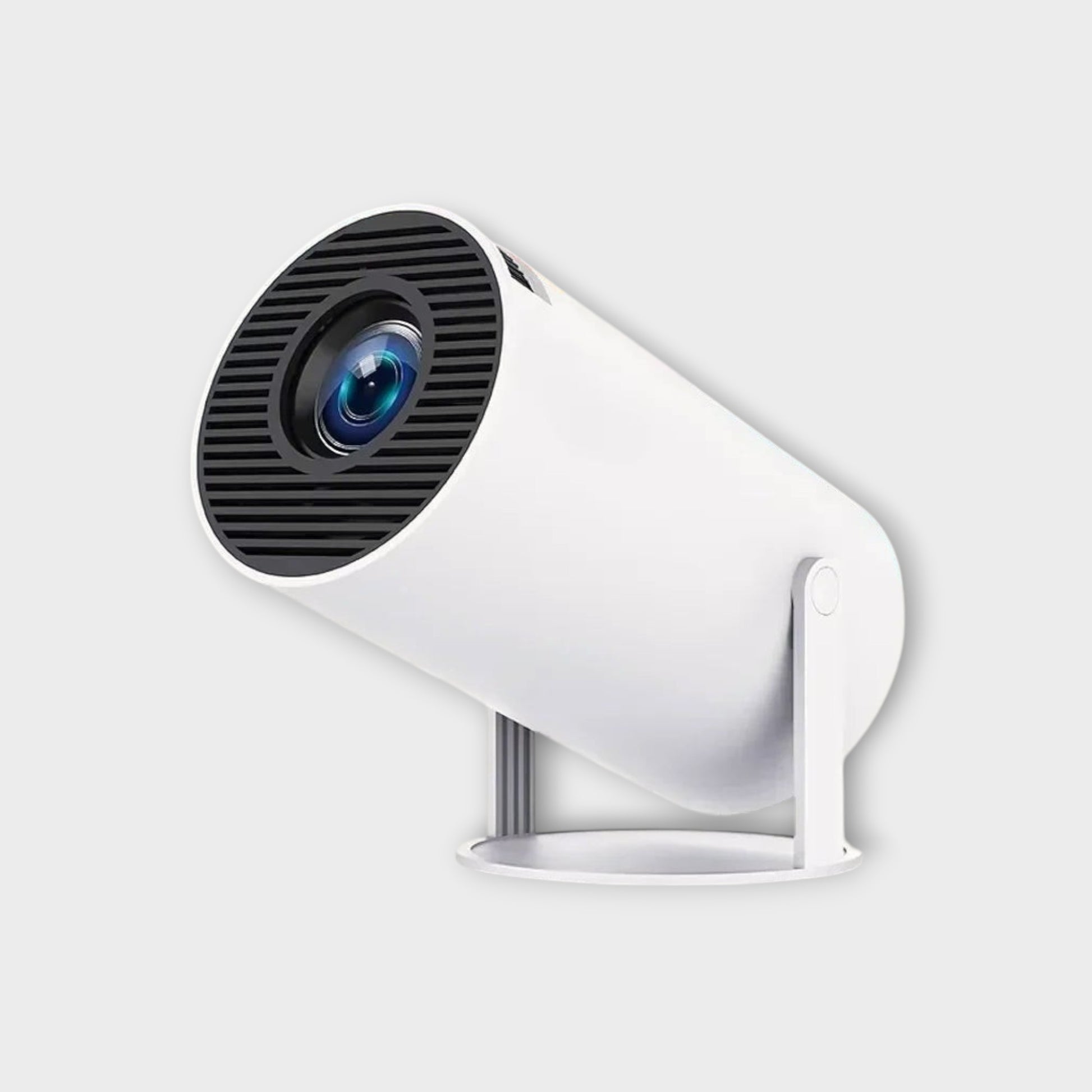 Essential Selects white portable 4K mini projector with a cylindrical design and adjustable stand for home cinema