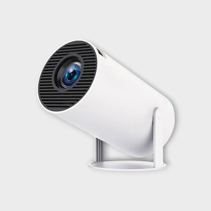Essential Selects white portable 4K mini projector with a cylindrical design and adjustable stand for home cinema