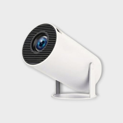Essential Selects white portable 4K mini projector with a sleek cylindrical design and adjustable stand.