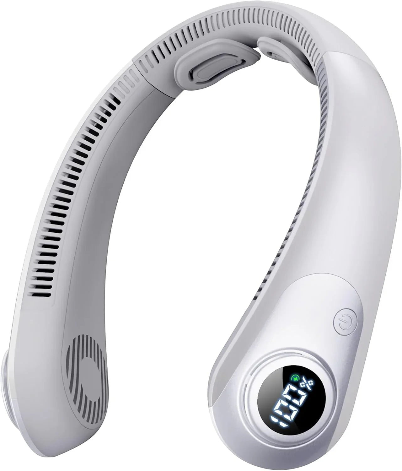 Essential Selects white bladeless portable neck fan with LED digital display, 5 speed settings, and rechargeable battery.