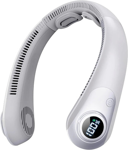 Essential Selects white bladeless portable neck fan with LED digital display, 5 speed settings, and rechargeable battery.