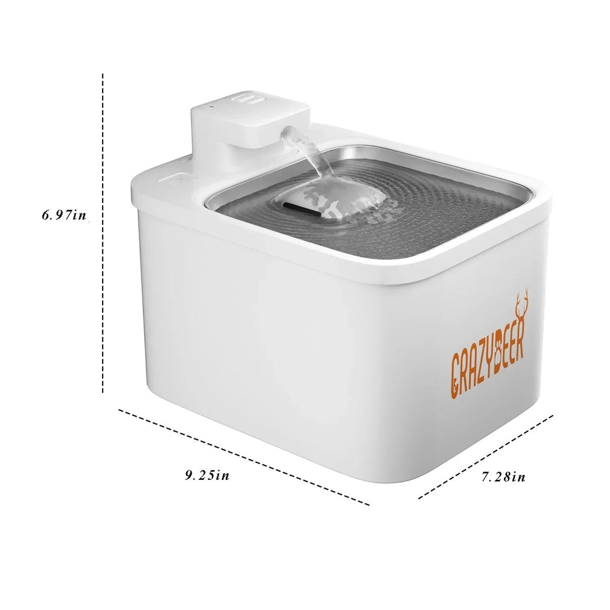 Essential Selects CrazyDeer 4L white stainless steel wireless pet water fountain with dimensions shown.