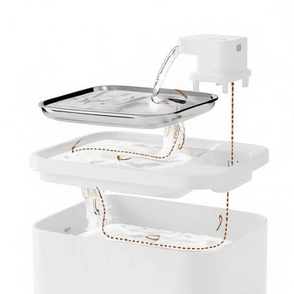 Essential Selects CrazyDeer white wireless pet water fountain with stainless steel tray and internal water flow path