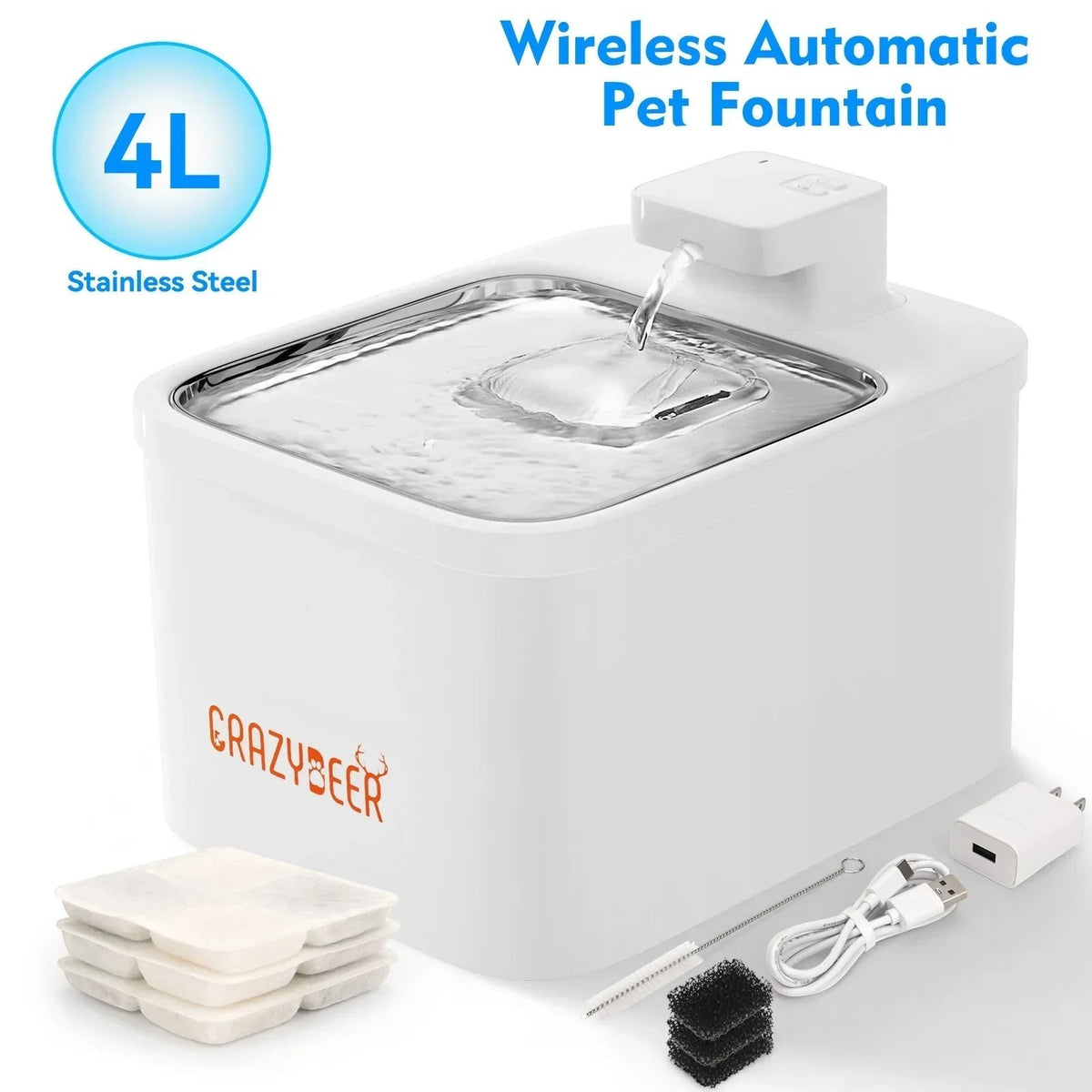 Essential Selects CrazyDeer 4L wireless stainless steel pet water fountain in white with included filters and charger.