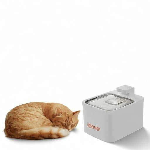 Essential Selects white wireless pet water fountain with stainless steel top next to a sleeping ginger cat