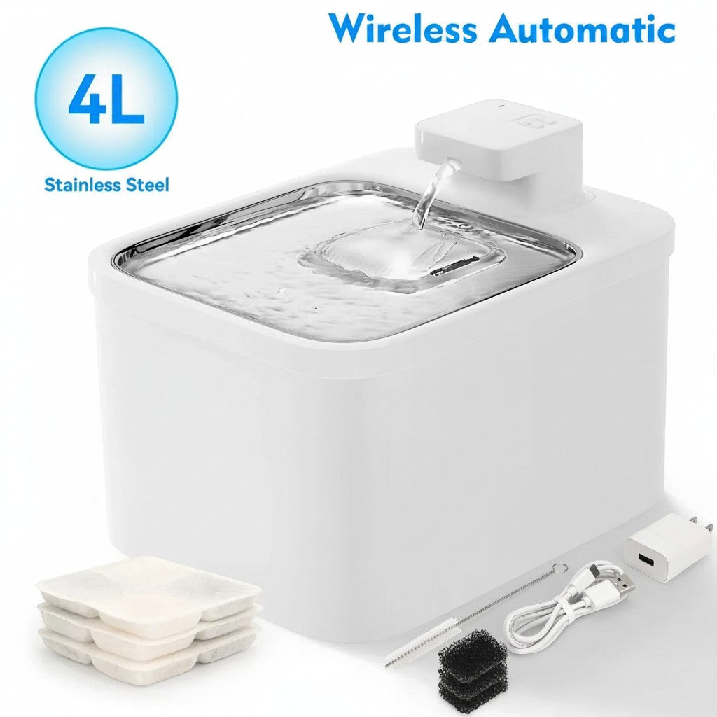 Essential Selects CrazyDeer 4L white stainless steel wireless automatic pet water fountain with included filter kit