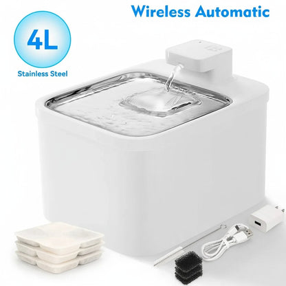Essential Selects CrazyDeer 4L white stainless steel wireless automatic pet water fountain with included filter kit