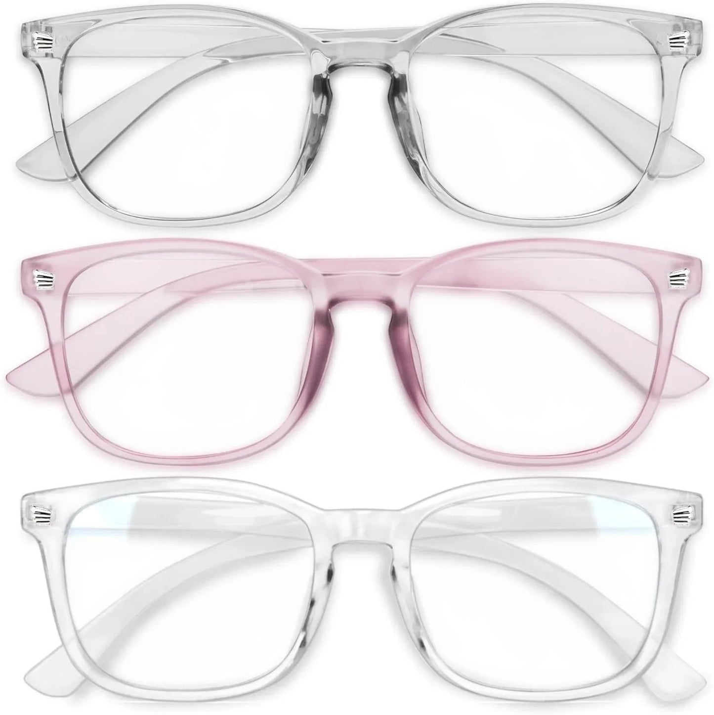 Essential Selects blue light blocking glasses for women with lightweight clear and pink polycarbonate frames