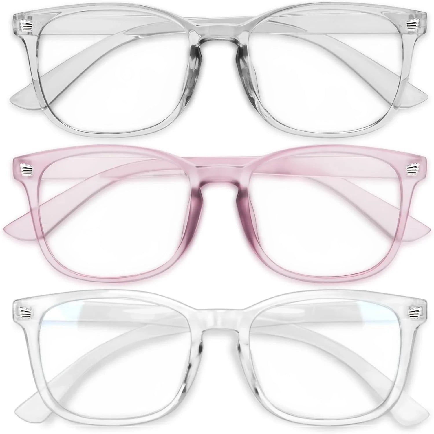 Essential Selects blue light blocking glasses for women with lightweight clear and pink polycarbonate frames