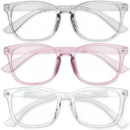 Essential Selects blue light blocking glasses for women with lightweight clear and pink polycarbonate frames