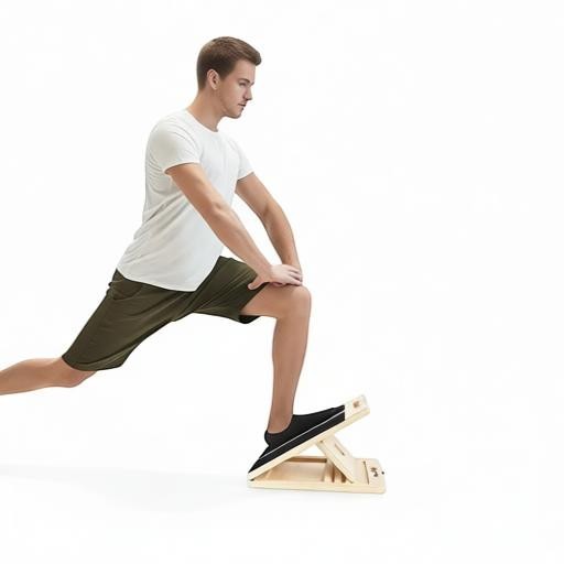 Essential Selects wooden slant board with adjustable angles being used by a man for a calf stretch exercise