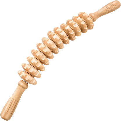 Essential Selects wooden muscle massage roller stick with textured wheels for deep tissue fascia release and recovery.