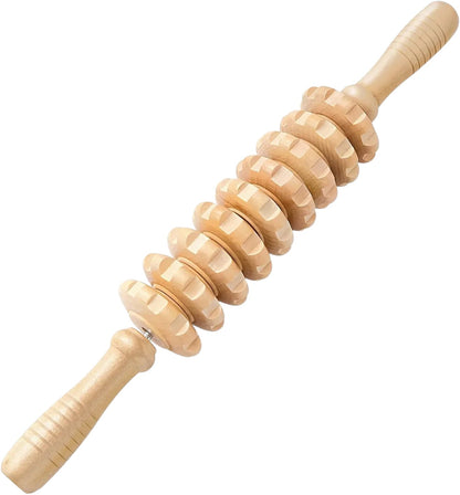 Essential Selects wooden muscle massage roller stick with textured gear wheels for deep tissue fascia release