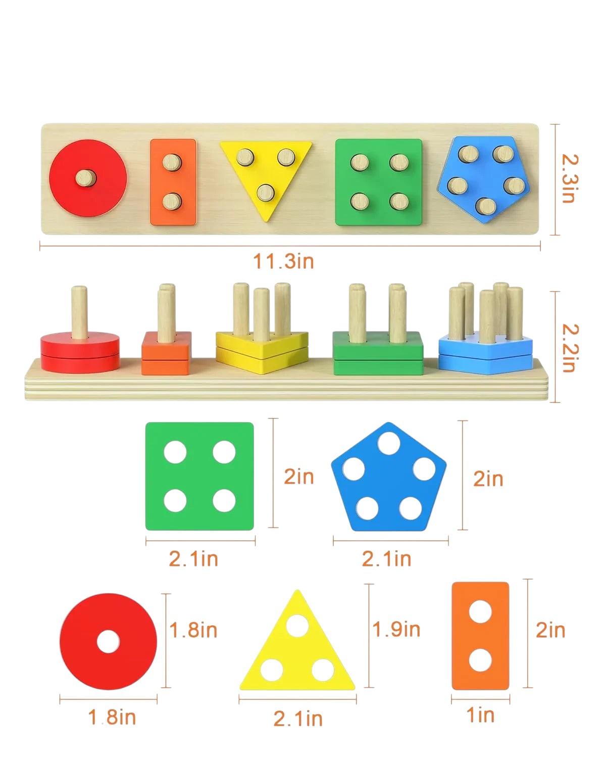 Essential Selects wooden Montessori shape sorting and stacking puzzle toy with dimensions and colorful geometric pieces